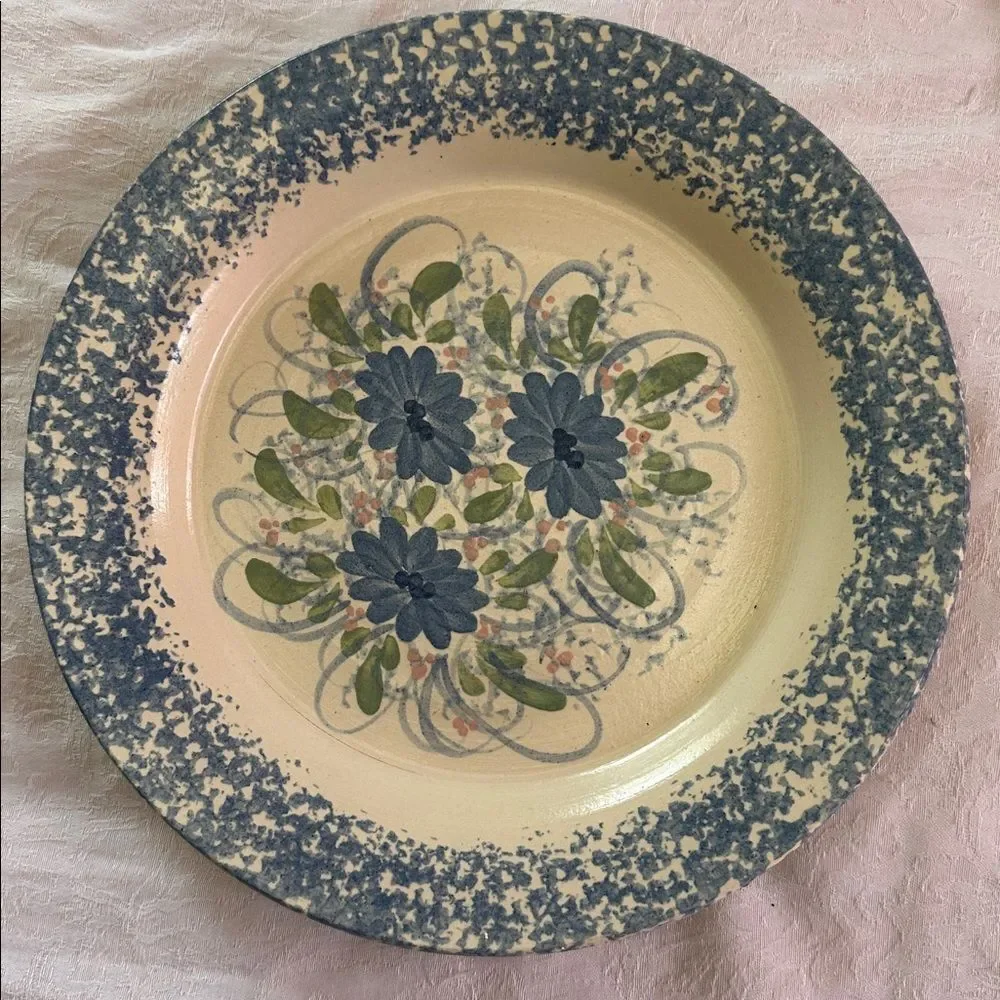 Plate Blue Spongeware Large Pottery Floral Pattern Deep Dish Large